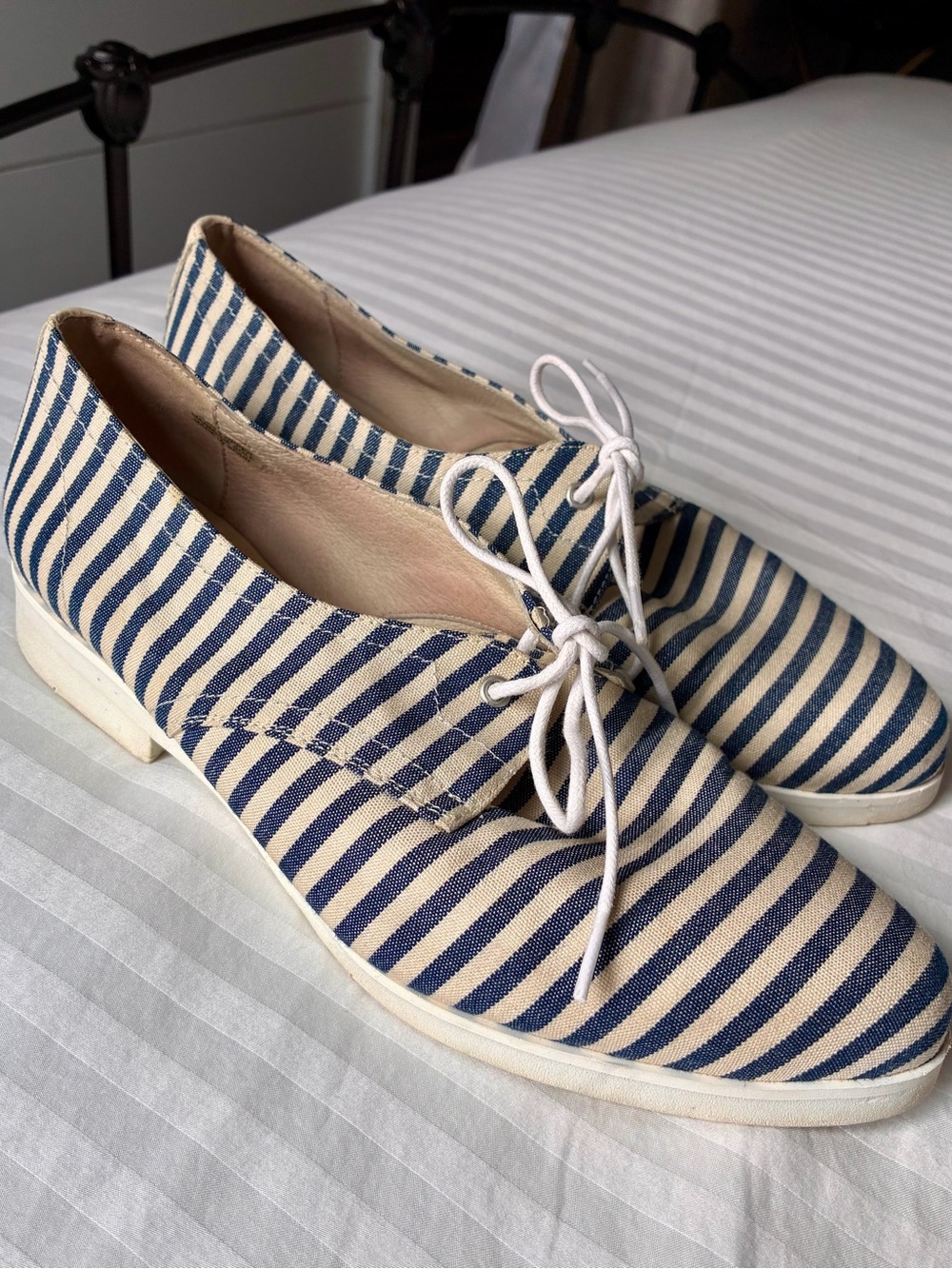 Navy and Cream Striped Lace-Up Women's Flats
